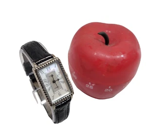 1928 Brand Analog Watch Black Silver Tone Rope Rim Rectangular Faux Leather - Picture 1 of 1