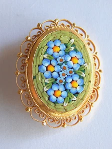 Vintage Italy Micro Mosaic Floral Blue Multicolor Gold tone Oval Brooch Detailed - Picture 1 of 3