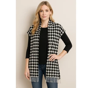 Hahnentritt Schal Weste Halstuch Tuch Fransen Acryl schwarz weiß Mode Top Bluse - Bild 1 von 6