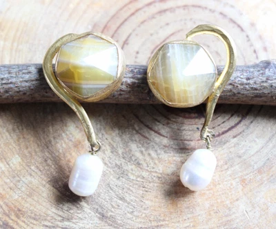 Citrine, Pearls & Gold Plated Dangle Earrings - Image 1 of 4