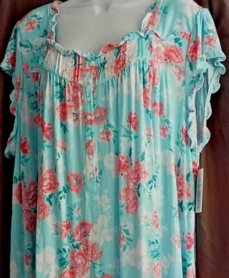 Eileen West Aqua Bloom 帽子袖莫代尔/氨纶球衣针织华尔兹睡衣 1X — 第 1/4 张图片