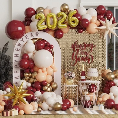 142 Piezas Feliz Año Nuevo Globo Arco Guirnalda Borgoña, Dorado, Blanco Arena, Desnudo  Foto 1 de 4