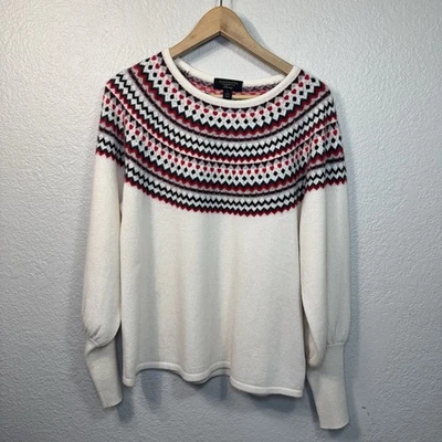 Charter Club Sweater Women L Ivory Cashmere Fair Isle Blouson Sleeve Holidays - Image 1 of 4