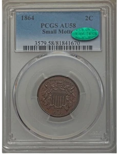 1864 Small Motto Two Cent Piece PCGS AU58 CAC - Picture 1 of 4