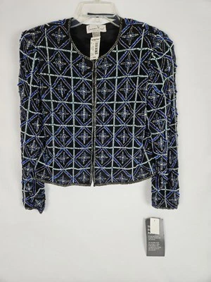 ¡NUEVO CON ETIQUETAS! ¡De colección! Chaqueta Deadstock Laurence Kazar negra/azul seda con cuentas talla grande  Foto 1 de 4
