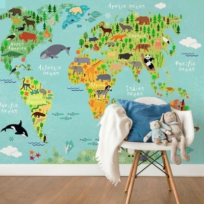 Wallpaper Kids bedroom World Map Animals Wall Mural 384x260 cm unisex nursery - Image 1 of 3