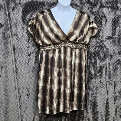Babydoll Tunic Dress Sz 1X Brown Striped 100% Silk Geometric Mini Vintage Vibes - Image 1 of 4