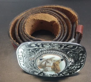 Embossed Hand-Stained Leather Western Belt Size 36 With Horse Head Buckle Cowboy - Picture 1 of 5