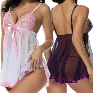 Sexy Womens Lace Sheer Lingerie Teddy Dress V-neck Babydoll Sleepwear Nightdress - Picture 1 of 16