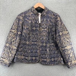 Chicos Jacket Womens 2 US Large Blue Reversible Print Jacquard To Black Quilted - Picture 1 of 12