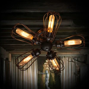 Industrial Loft Wire Cage 5-Lights Black Metal Semi Flush Mount Ceiling Light - Picture 1 of 8