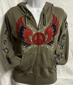 Sudadera con capucha Lucky Brand para mujer verde oliva rojo paz alas amor cremallera XS - Imagen 1 de 2