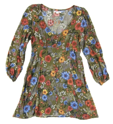 Vestido de cabaña O'NEILL 100 % verde rayón azul rosa naranja manga larga cuello en V M Foto 1 de 4