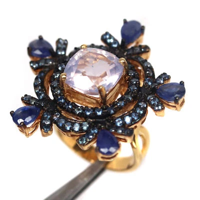 Pedra 11 X 11 mm. Anel de quartzo lavanda e safira azul prata esterlina 925 - Imagem 1 de 4