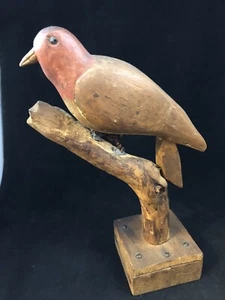 HAND Carved Paint Decorated FOLK ART BIRD On BRANCH Weighted Base 1930’s - Picture 1 of 12