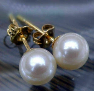 Perfectos AAA++ Aretes de perlas redondas blancas naturales reales de oro de 14K - Imagen 1 de 9