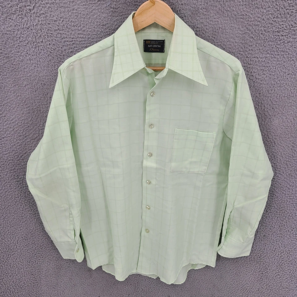 Vintage JC Penny Shirt Mens 15.5 Green Window Pane 70s Button Up Long Sleeve - Image 1 of 4