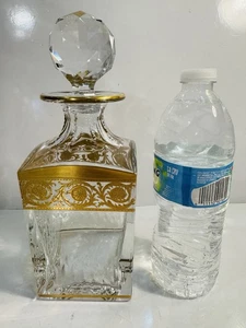 St. Louis Crystal Thistle 24k Gold Encrusted Square Whiskey Decanter PERFECT! - Picture 1 of 15