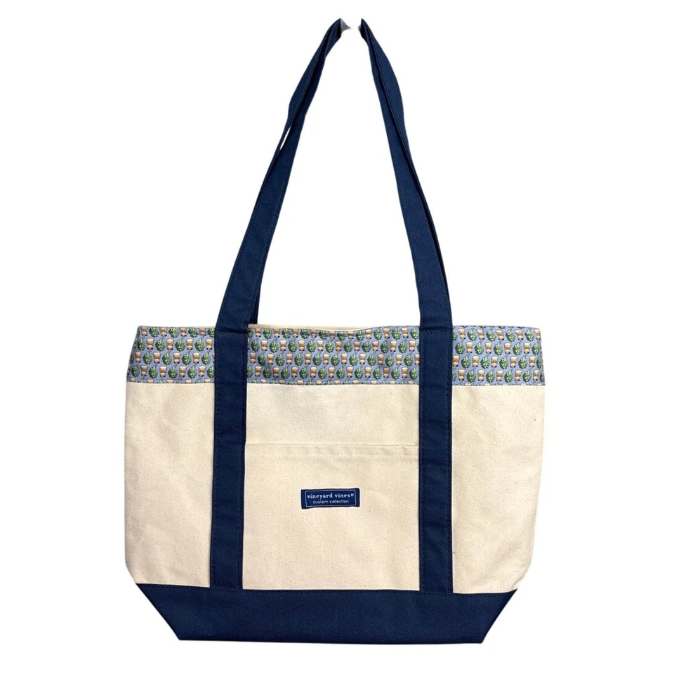 Vineyard Vines Canvas Tote Full Zip Closure Fully Lined Blue Cream 16x12x5  - Image 1 of 4