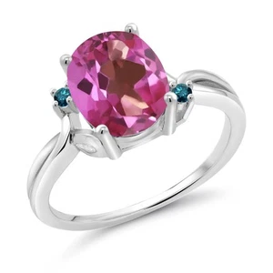 925 Sterling Silver Pink Mystic Topaz and Blue Diamond 3 Stone Ring For Women - Picture 1 of 4
