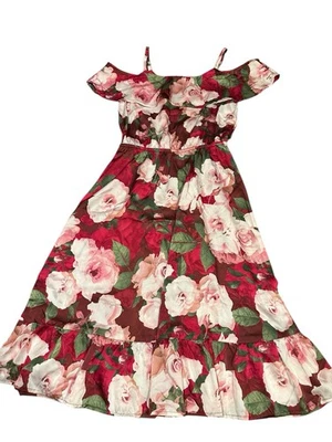 The Children’s Place 女孩 10-12 码粉色玫瑰花卉印花缎面感觉连衣裙 — 第 1/4 张图片