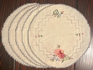 6 runde Leinen Deckchen Tischsets bestickt Blumen Chrysantheme - Bild 1 von 4