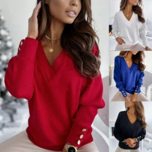 Women Casual Solid V Neck T Shirt Blouse Long Sleeve Loose Tops Pullover US - Picture 1 of 13