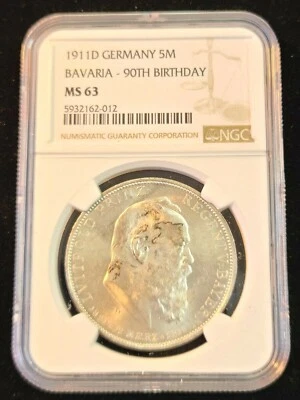 1911 GERMANY SILVER 5 MARK BAVARIA PRINCE LUITPOLD BIRTHDAY NGC MS 63 SCARCE - Image 1 of 4