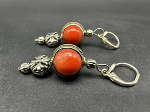 Tibetan Silver Dangle Tribal Coral Earrings - Picture 1 of 6