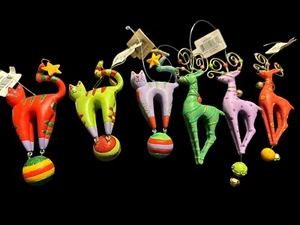 Dept. 56 Whimsical Green, Melon Purple Cats & Reindeer  Lot Of 6 /3 Each. - Picture 1 of 7