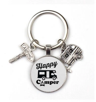 Portachiavi, Borsa Gioiello stampato camper, Happy Camper con ciondoli, acciaio. - Immagine 1 di 3