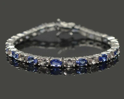 Brazalete de tenis de plata de ley 925 con piedras preciosas de morganita natural y tanzanita de 6x4 mm Foto 1 de 4