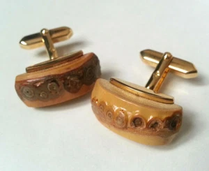 PAAR MANSCHETTENKNÖPFE Vintage GOLD PLATTE Dekor HOLZGESCHENK - Bild 1 von 7