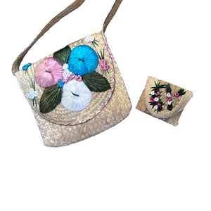 Bolso de hombro vintage de rafia de paja floral de los años 60 para mujer con billetera a juego - Imagen 1 de 5