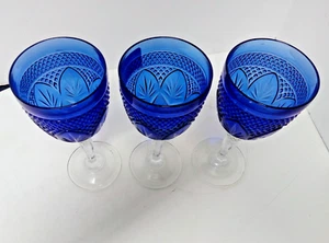 Set of 3 Cobalt Blue Cut to Clear Crystal Wine Cocktail Goblets 8" Clear Stems - Picture 1 of 9