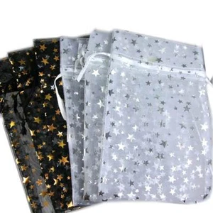 6-PAK__DECORATIVE ORGANZA GIFT JEWELRY POUCHES BLACK w/GOLD-WHITE w/SILVER STARS - Picture 1 of 10