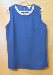 Adrienne Vittadini Summer Top Shell Sz Large Sleeveless Blue w/White/Gold Beads - Picture 1 of 6