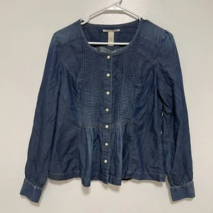 Lucky Brand Women Small Denim Top Pearl Snap Button Blue Cotton Long Sleeve - Picture 1 of 8