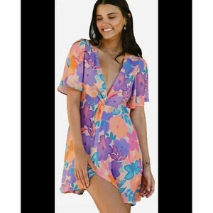Cupshe M Christa Plunge Bell Sleeve Floral Dress Cover up Resort Asymmetric - Picture 1 of 10