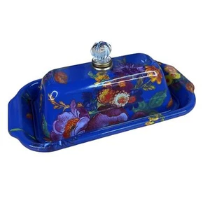 MACKENZIE CHILDS Flower Market Lapis Blue Enamel Butter Box Dish with Glass Knob - Picture 1 of 4