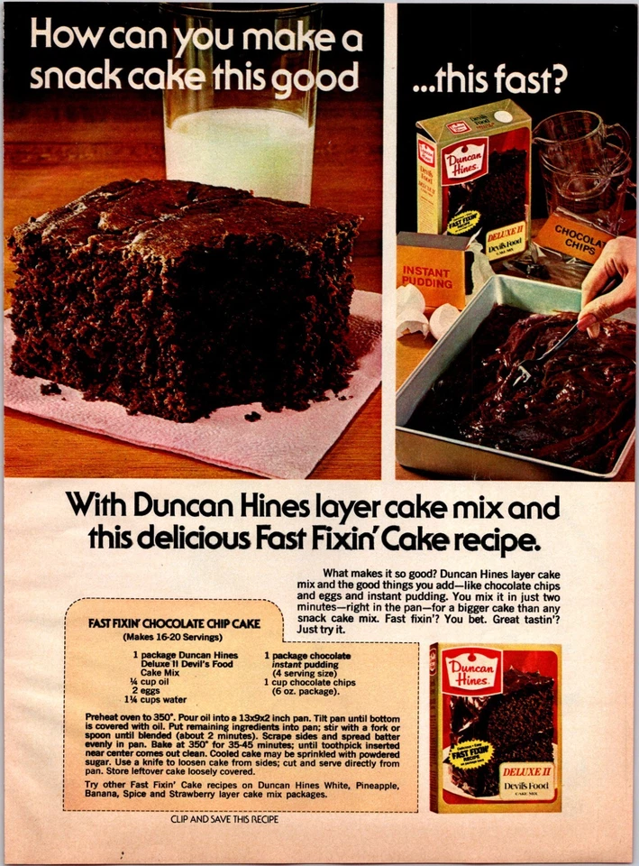 PRINT AD 1975 Duncan Hines Deluxe II Devils Food Fast Fixin Cake Recipe 8.5 x 11 - Image 1 of 1