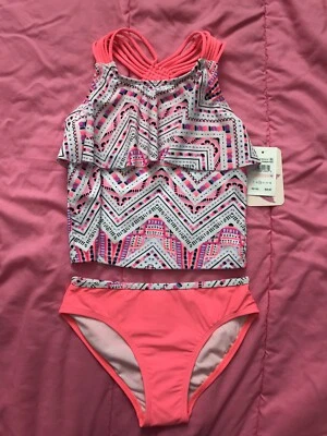 Nuevo con etiquetas Traje de baño Tankini para niña talla 10 rosa blanco Ikat dos piezas brillo playa Foto 1 de 3