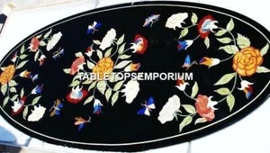 4'x2' Black Marble Modern Dining Table Top Marquetry Floral Inlay Décor H4571 - Picture 1 of 4