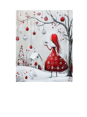16x20 Red and White Christmas Girl Holding Bird Canvas Wall Art Canvas Print - Image 1 of 4