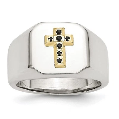 Stainless Steel with 14k Gold Accent 1/15 Ct Sapphire Cross Signet Ring Size 10 - Image 1 of 4