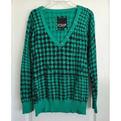 Fox Racing Houndstooth V Neck Green Black Long Sleeve Button Detail Sweater Sz L - Image 1 of 4