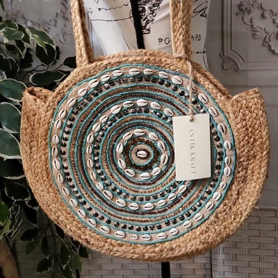 Bolsa tote circular com miçangas Kraft antiga nova com etiquetas - Imagem 1 de 4