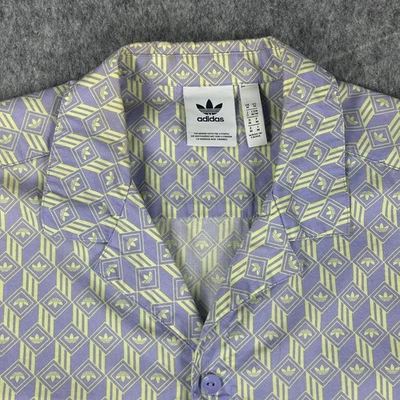 Camisa masculina Adidas Originals roxa média amarela trevo botão geométrico para cima - Imagem 1 de 4