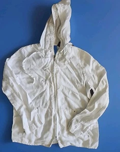 Willi Smith White Hoodeed Windbracker Jacket 100% Linen Zip Utility Pockets M - Picture 1 of 5