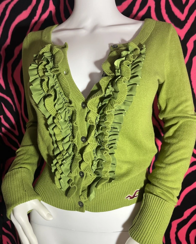 Hollister VTG Sweater Apple Green Knitted Ruffle Front Womens Size Small - Image 1 of 4